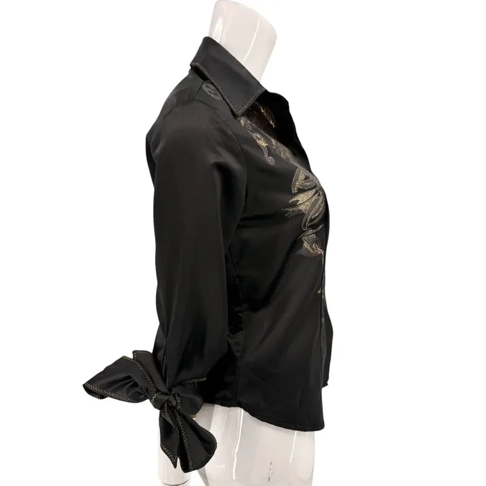 Just Cavalli Satin Glitter Embellished Button-Up Shirt Black Women's Size 46